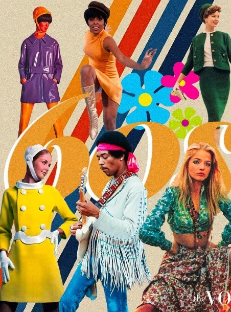 Models in assorted 60s fashion and a man playing a guitar