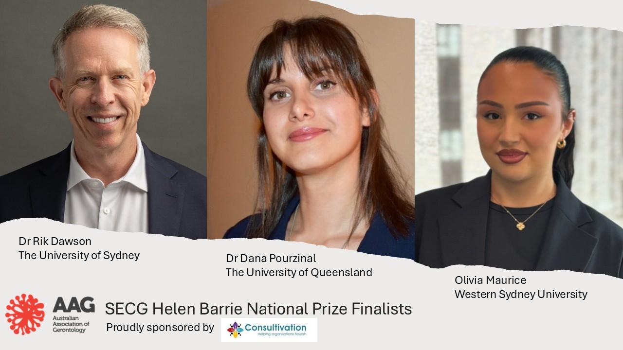 SECG Helen Barrie Nationla Prize finalists, Dr Rik Dawson, Dr Dana Pourzinal, and Olivia Maurice