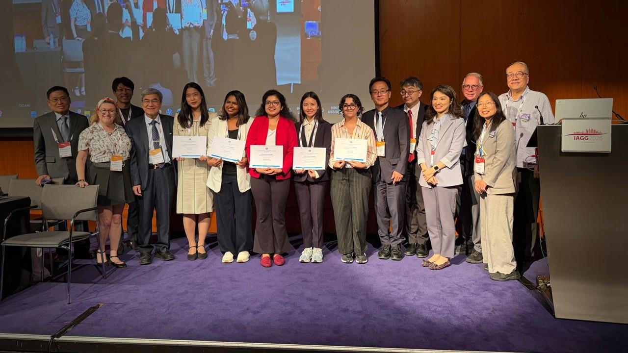 IAGG-AOR scholarship winners to IAGG2026 in Amsterdam, pictured with IAGG-AOR committee members.