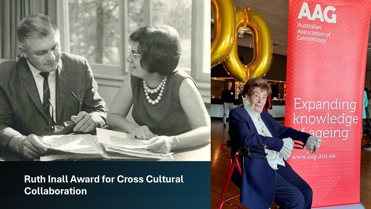 Historical image of Dr Richard (Dick) Maxwell Gibson with Ruth Inall, circa. 1960s and image of Ruth on her 100th birthday in 2025.