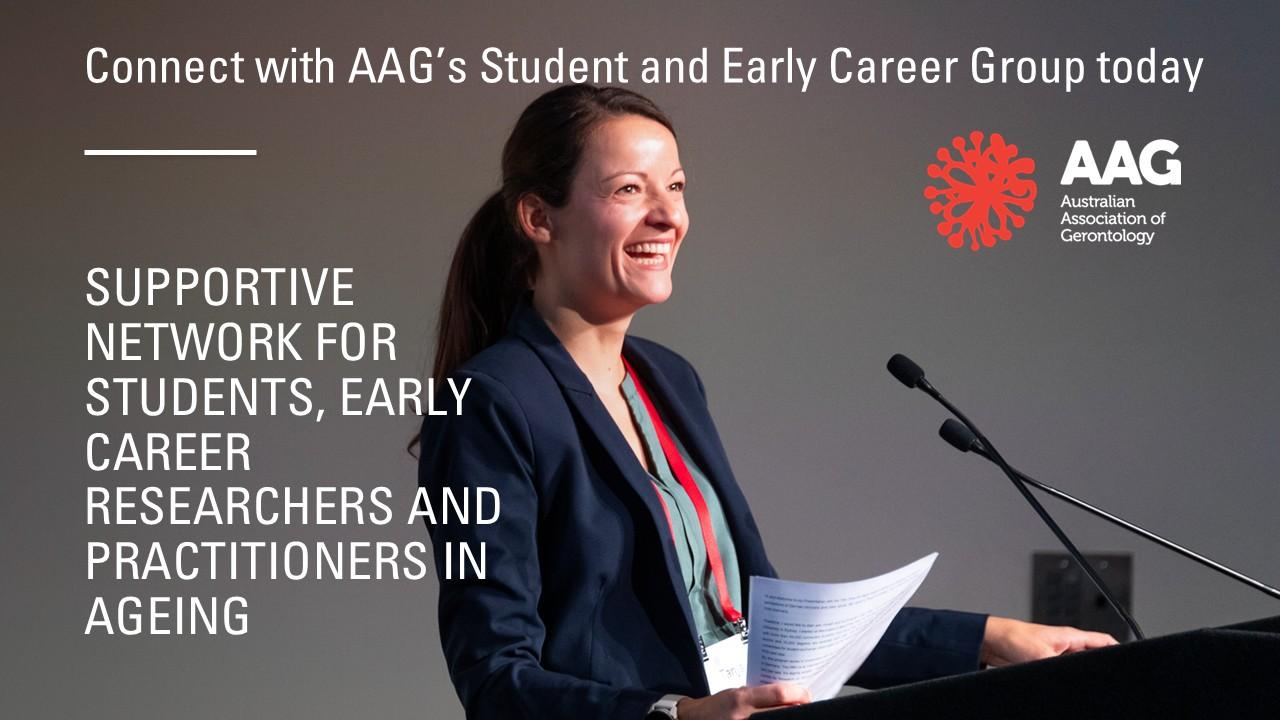 AAG branded image of researchers presenting at an AAG Conference and the words: Supportive networks for student and early career researchers and practitioners; Connect with AAG’s SECG today